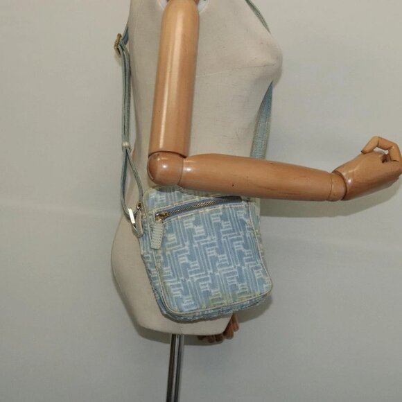 FENDI Zucca Canvas Shoulder Bag Denim Light Blue Gold Auth 140722 - Picture 1 of 16